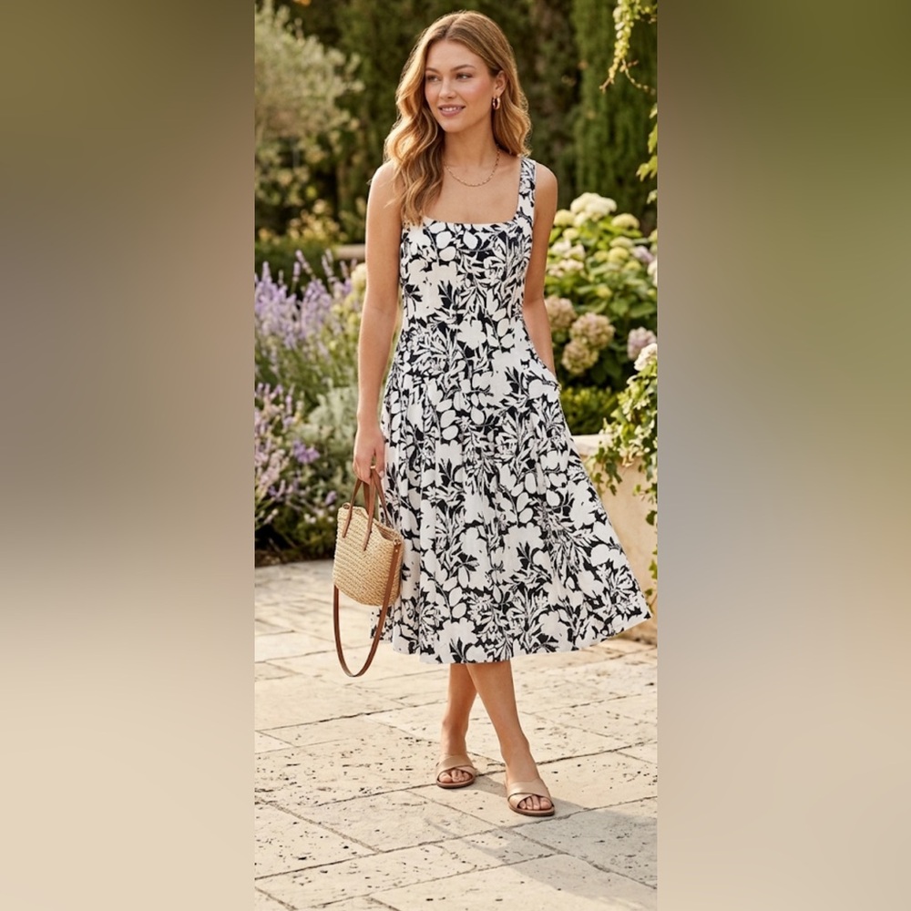 Lauren Ralph Lauren Floral Square Neck Midi Dress Pockets Black White